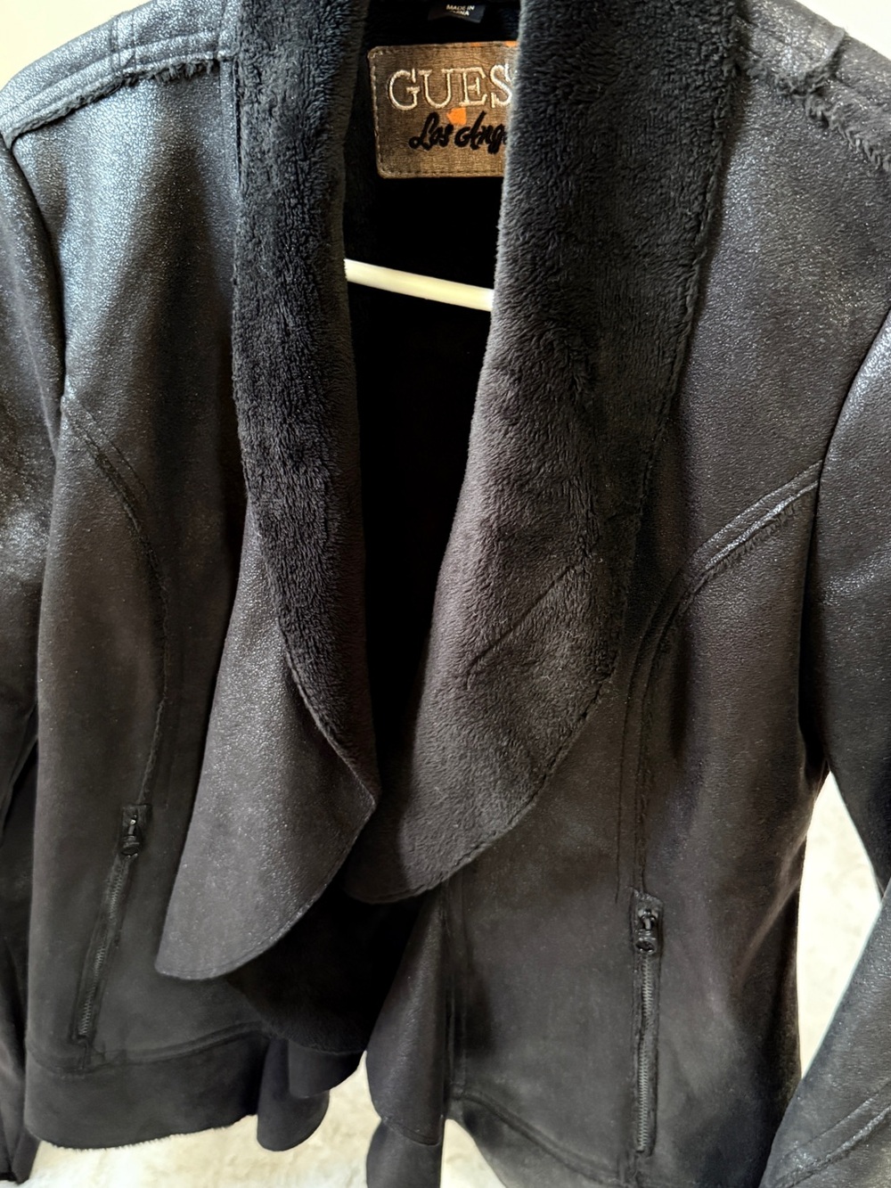 GUESS Black Faux-Shearling Trimmed Leather-Style Jacket